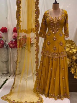 Golden Yellow Handwork Embellished Kurti Flair Plazo Ensemble with Yellow Dupatta HK1599