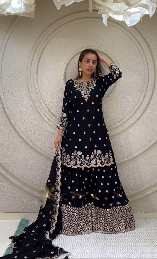 Elegant Black Embroidered Kurta Set with Palazzo Pants and Dupatta SR