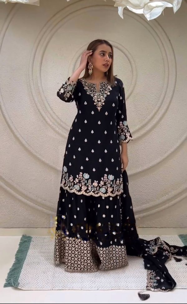 Elegant Black Embroidered Kurta Set with Palazzo Pants and Dupatta SR