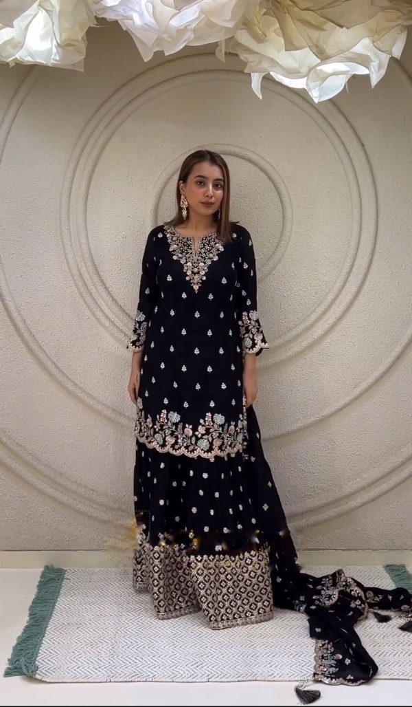 Elegant Black Embroidered Kurta Set with Palazzo Pants and Dupatta SR